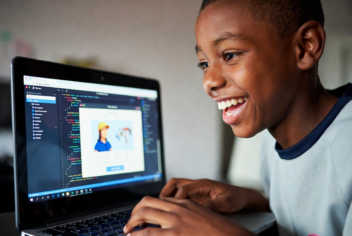 Student entering game code and playing on laptop