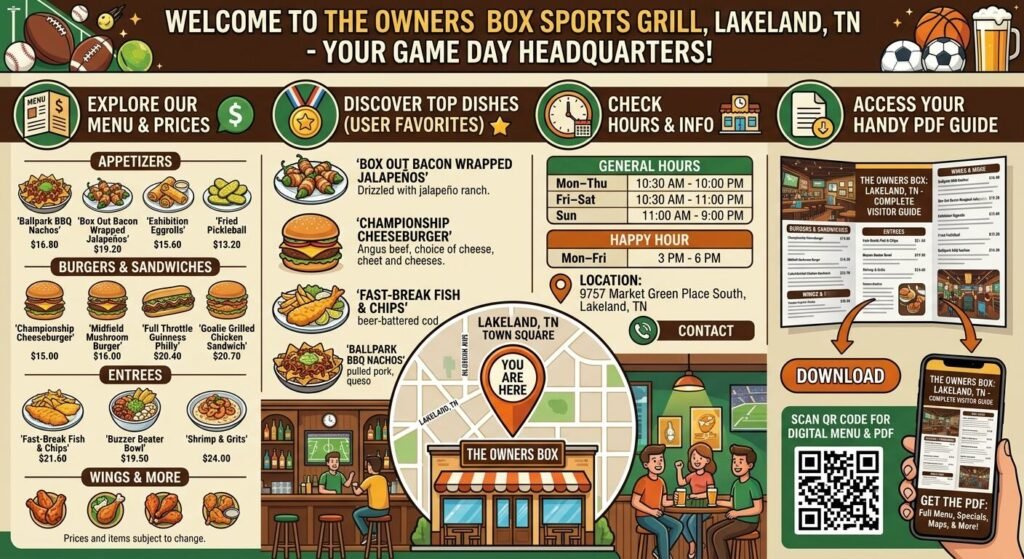 Explore the Owners Box Sports Grill menu in Lakeland TN See prices hours top dishes and a handy PDF guide before your next visit