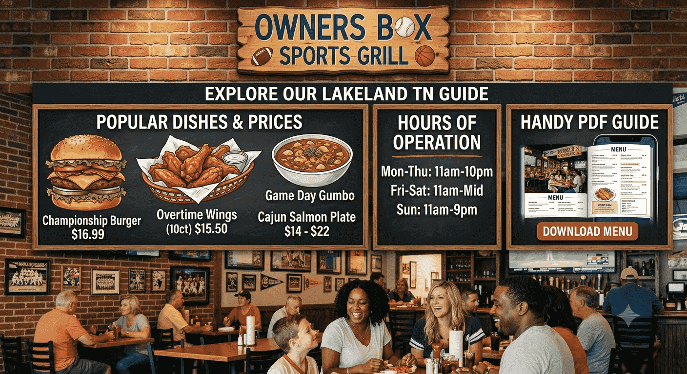 Explore the Owners Box Sports Grill menu in Lakeland TN See prices hours top dishes and a handy PDF guide before your next visit